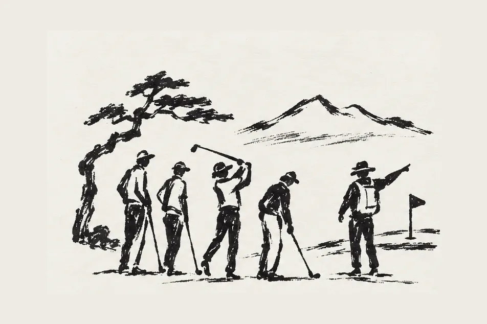 Four golfers and a PRESERVE host on the course, ink drawing