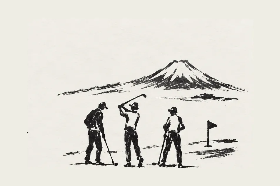 Three golfers below Mt Fuji, ink drawing