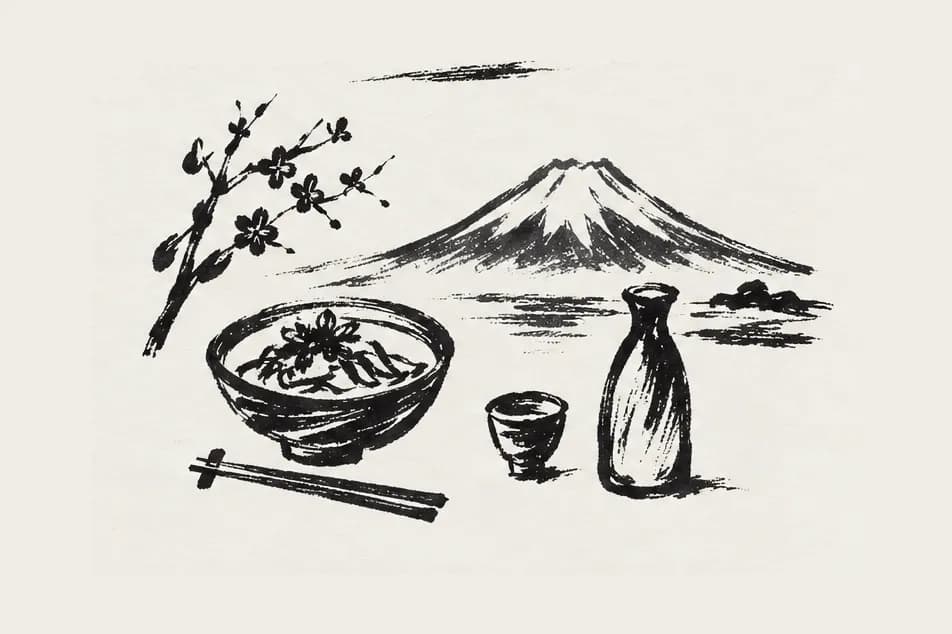 Noodles, sake and Mt Fuji, ink drawing